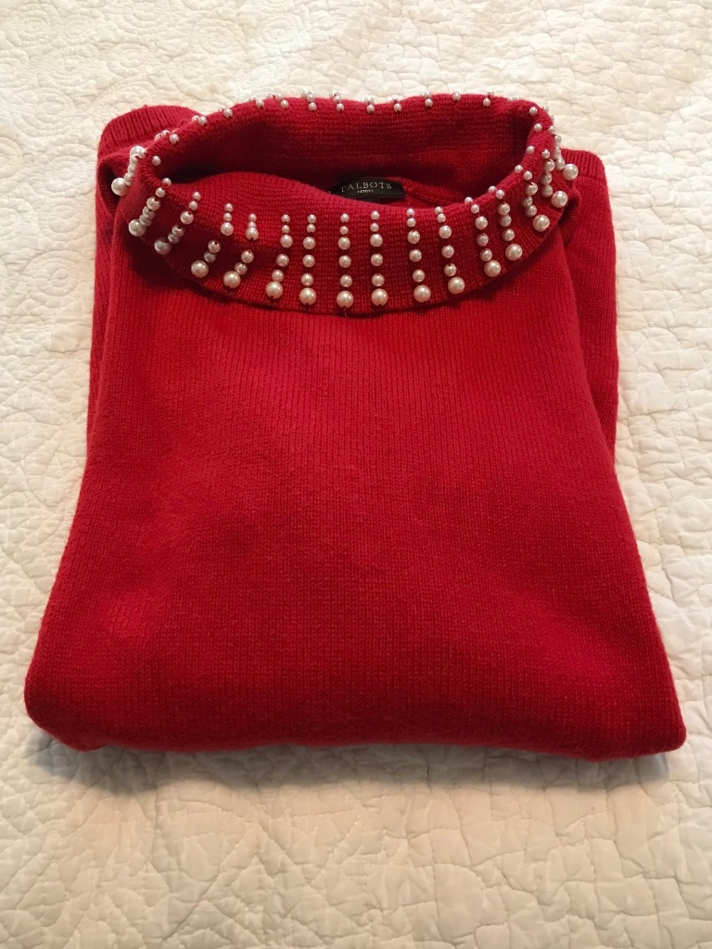 Talbots bright red cowl neck long sleeve sweater with pearls (MP)